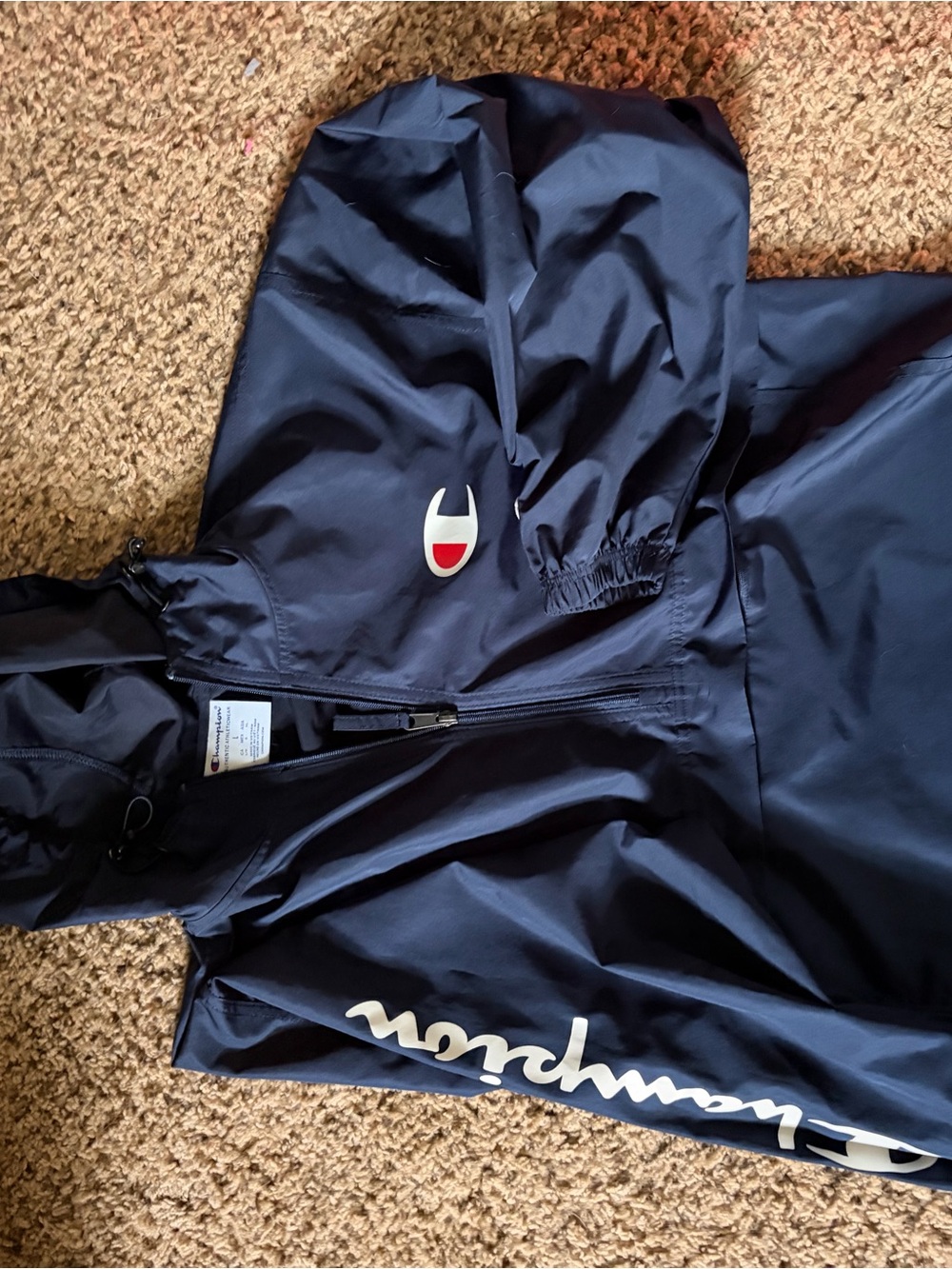 Champion Navy Hooded Windbreaker with White Logo